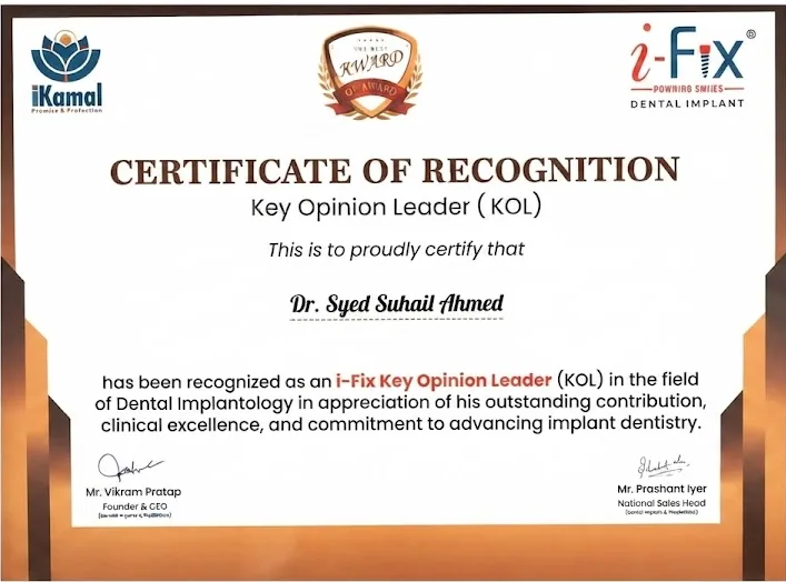 Dr. Syed Suhail Ahmed - i-Fix Key Opinion Leader (KOL) in Dental Implantology Certificate